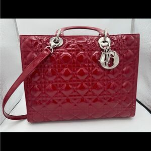 EUC- Christian Dior Lady Dior Large Tote-Red Patent Cannage Leather